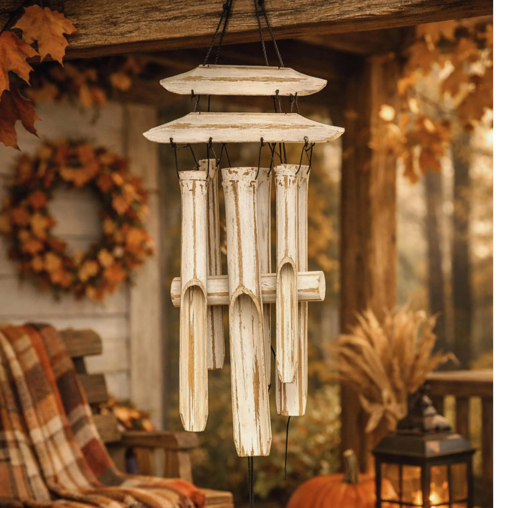 Whitewashed Bamboo Pagoda Wind Chime: Rustic Zen Garden Decor