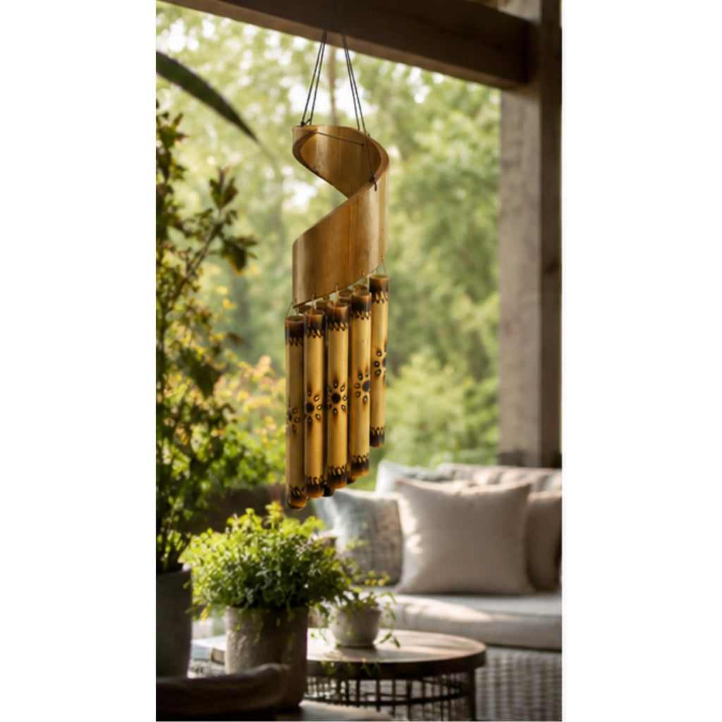 Handcrafted Spiral Bamboo Wind Chime | Natural Outdoor Garden Decor, Meditation Space Soothing Tones