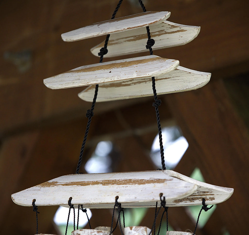 Whitewashed Bamboo Pagoda Wind Chime: Rustic Zen Garden Decor