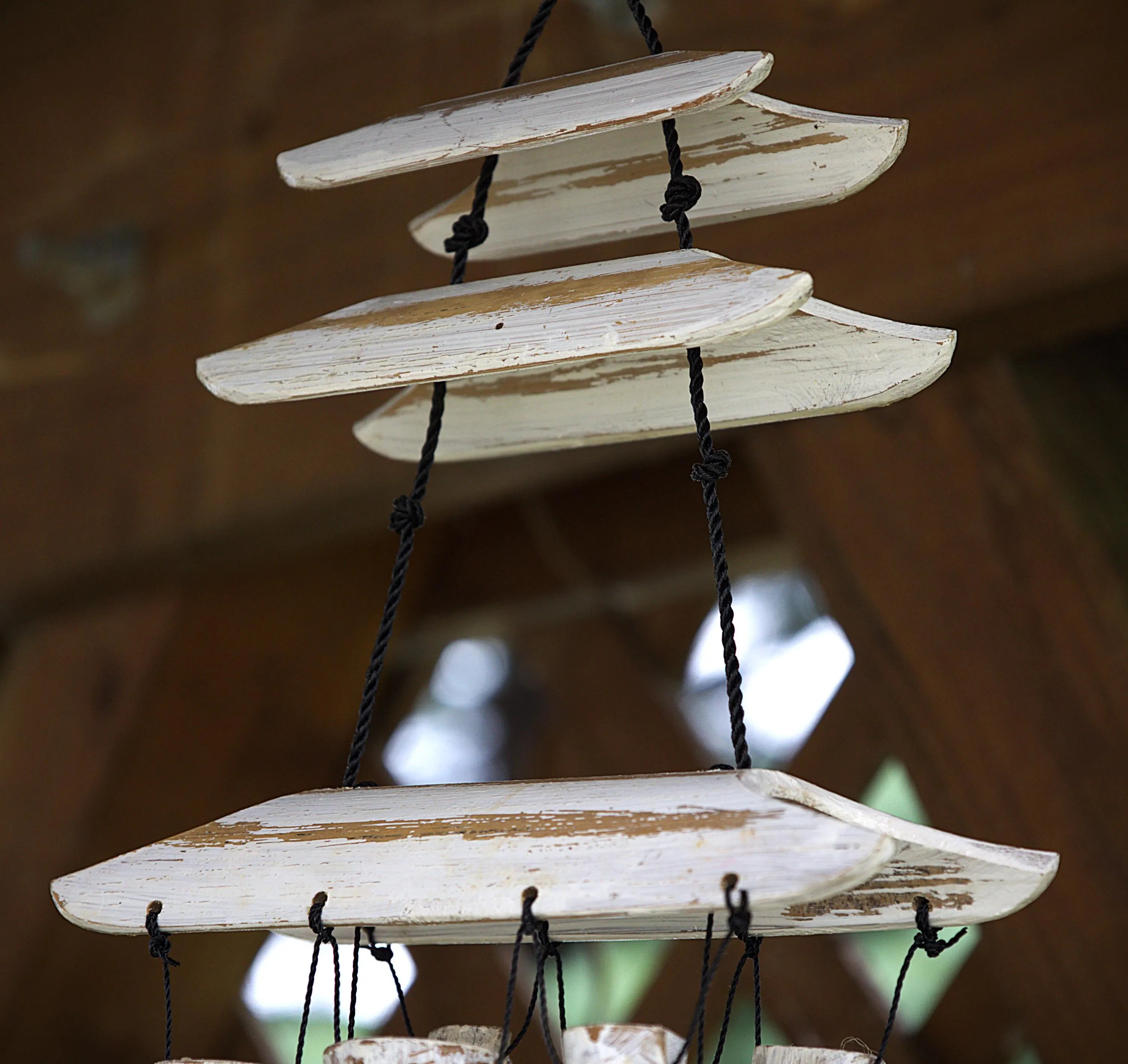 Whitewashed Bamboo Pagoda Wind Chime: Rustic Zen Garden Decor