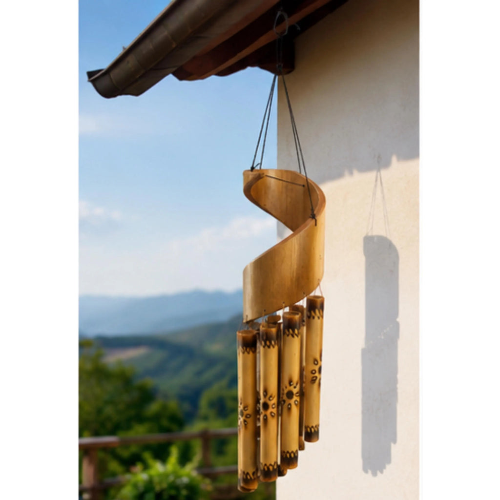 Handcrafted Spiral Bamboo Wind Chime | Natural Outdoor Garden Decor, Meditation Space Soothing Tones