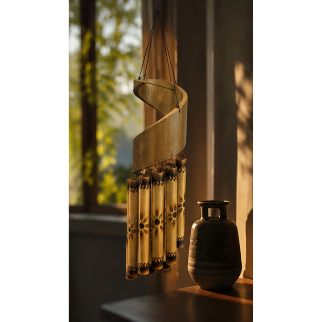 Handcrafted Spiral Bamboo Wind Chime | Natural Outdoor Garden Decor, Meditation Space Soothing Tones
