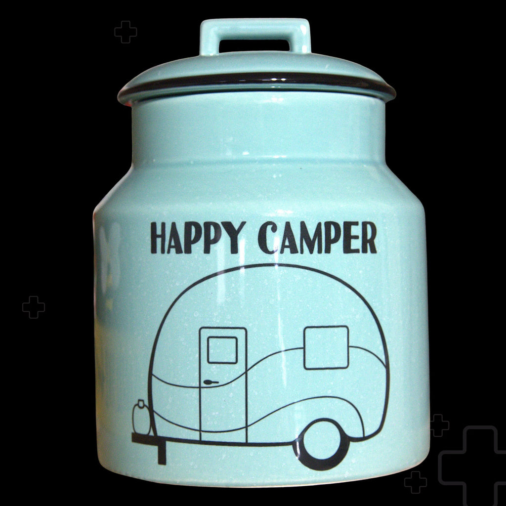 Happy Camper Ceramic Cookie Jar, Rustic Kitchen Storage, Campfire Treat Canister