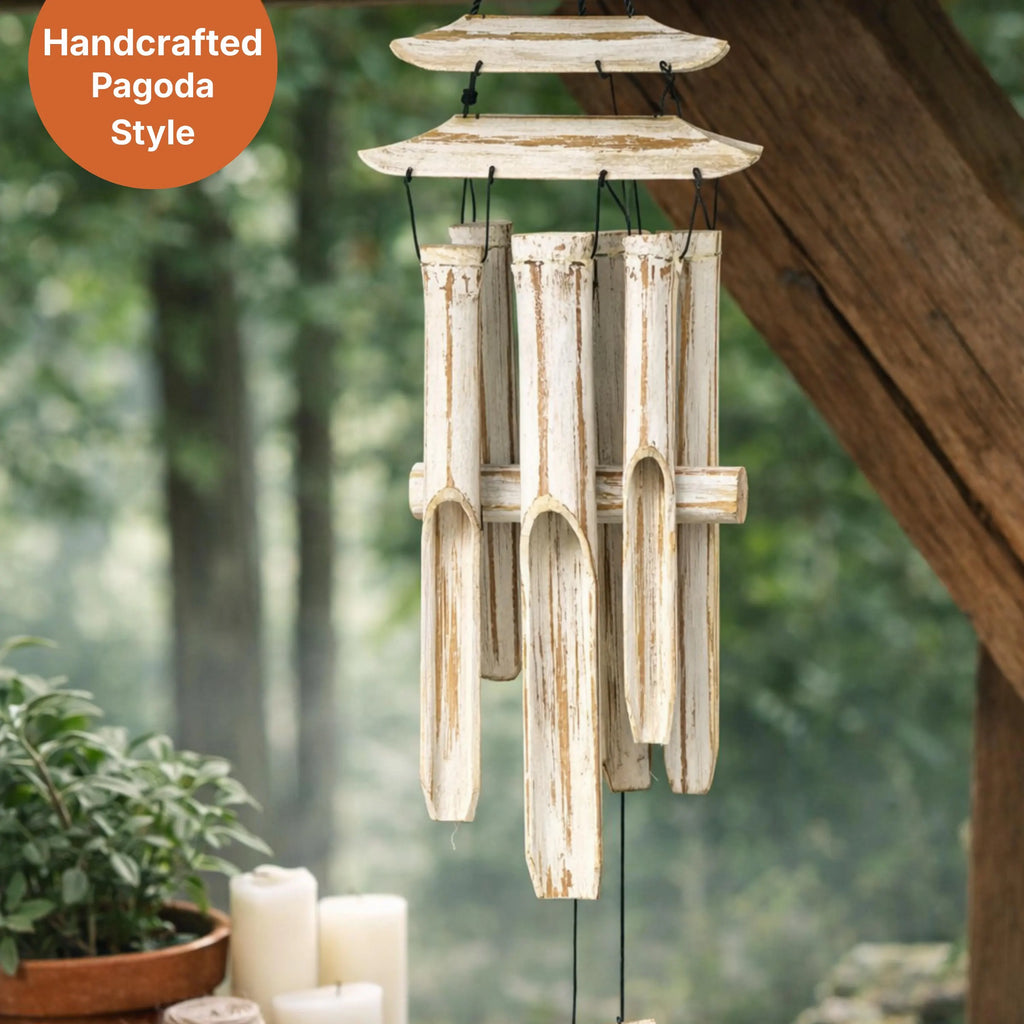 Whitewashed Bamboo Pagoda Wind Chime: Rustic Zen Garden Decor