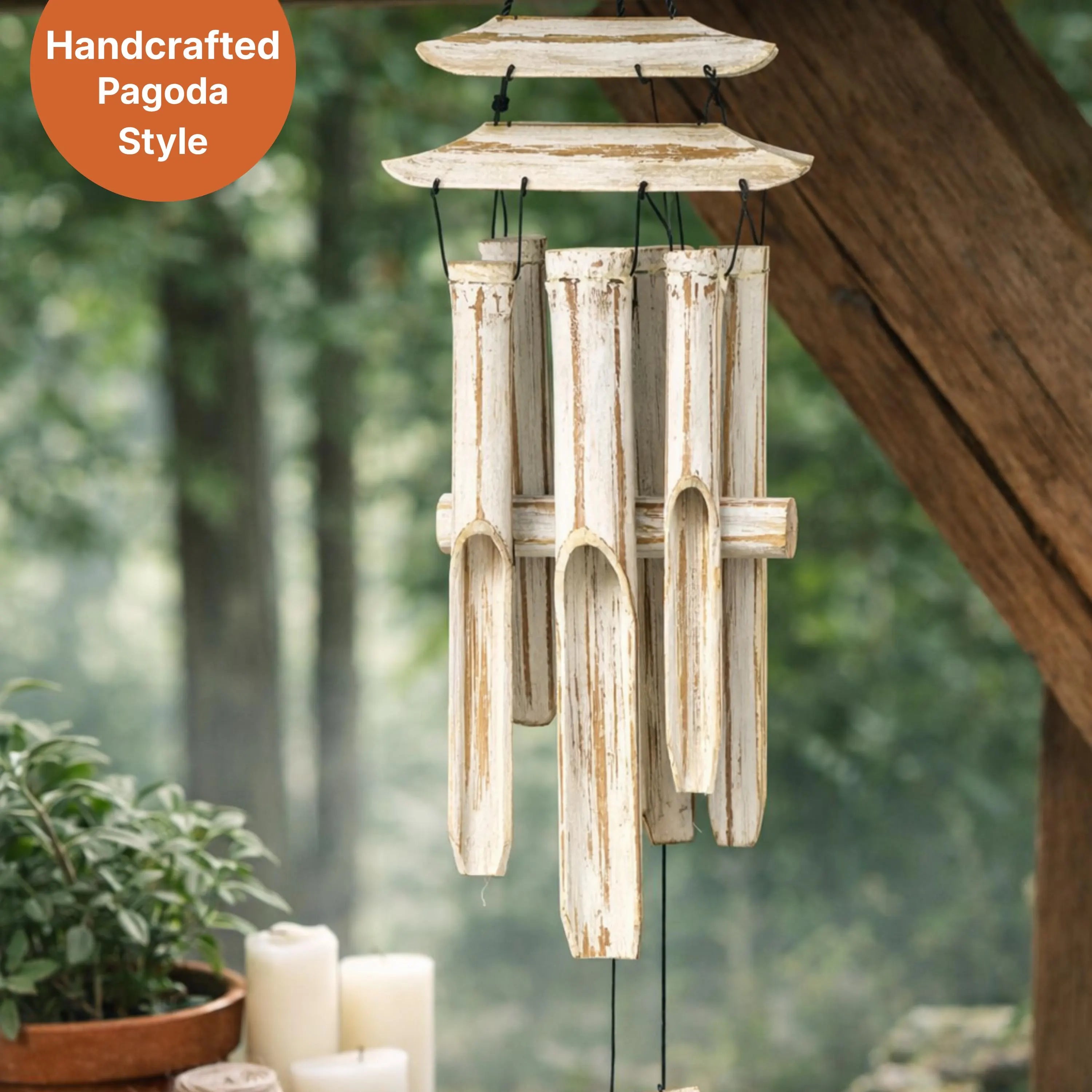 Whitewashed Bamboo Pagoda Wind Chime: Rustic Zen Garden Decor