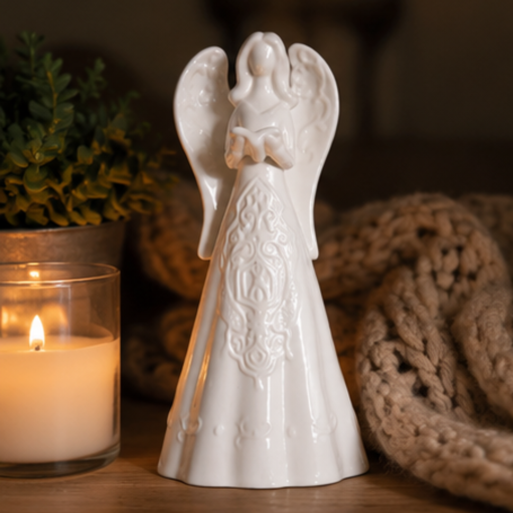 A white ceramic angel figurine with detailed embossed patterns on its dress, displayed on a wooden surface next to a lit candle and a knitted blanket.