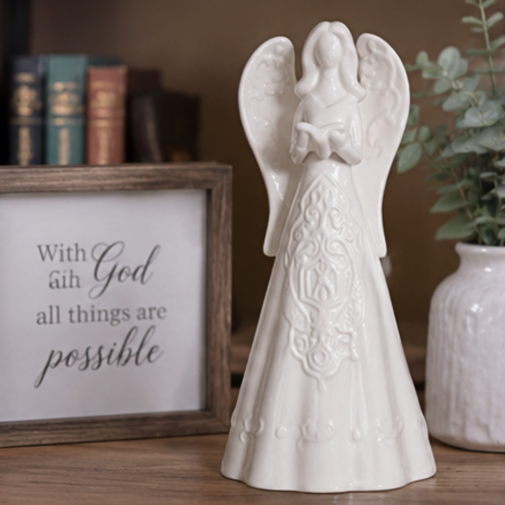 A white ceramic angel figurine with outstretched wings and an ornate gown, displayed on a wooden surface next to a framed quote and a potted plant.