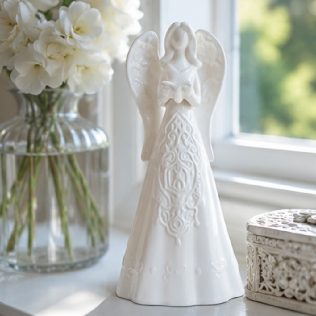A white ceramic angel figurine with detailed embossed patterns on its dress, displayed on a windowsill next to a glass vase of white flowers.