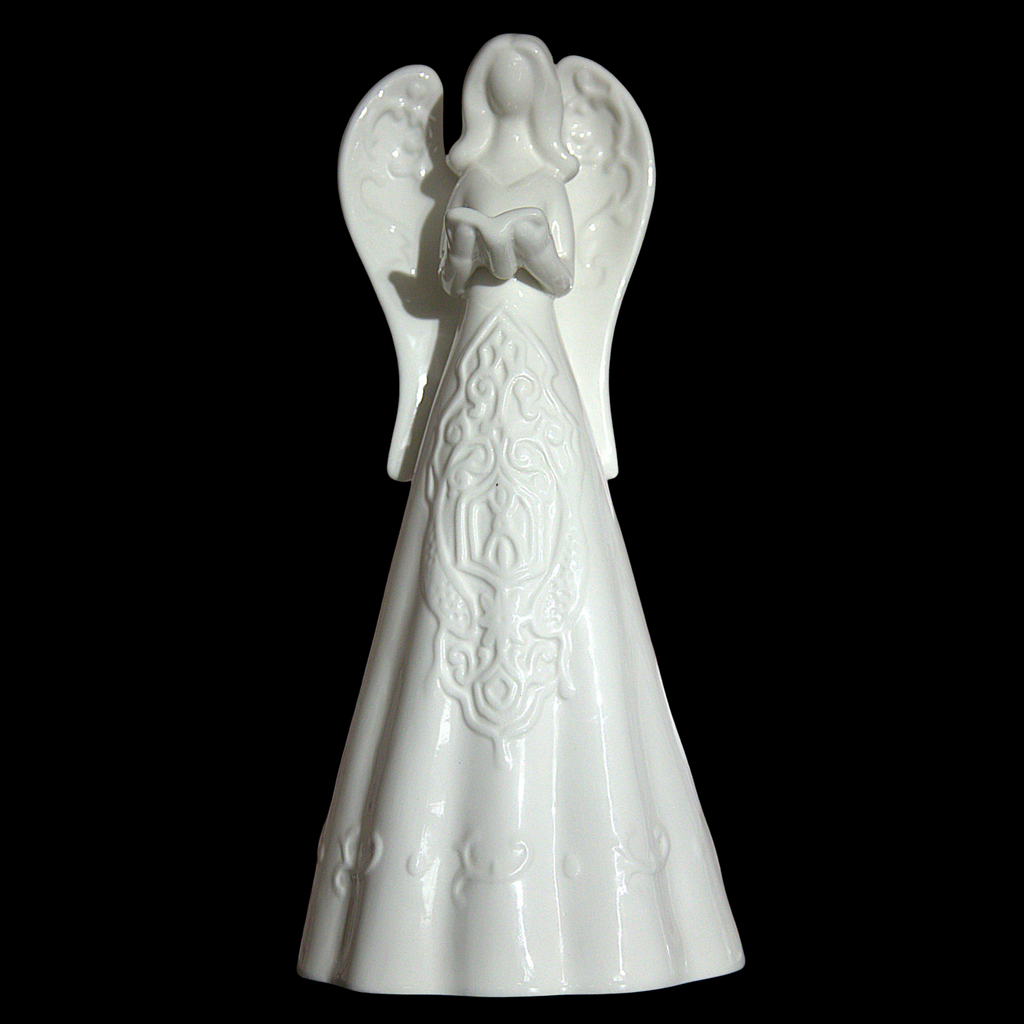 A white ceramic angel figurine with detailed embossed patterns on its dress and wings, set against a solid black background.