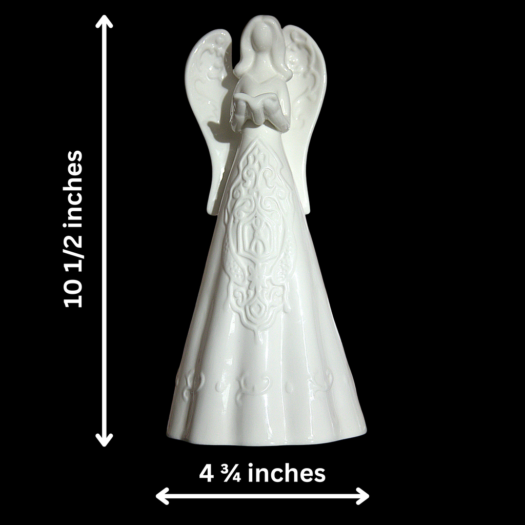White ceramic angel figurine with wings and a long gown, shown on a black background with dimension arrows and text indicating 10 1/2 inches tall and 4 3/4 inches wide.
