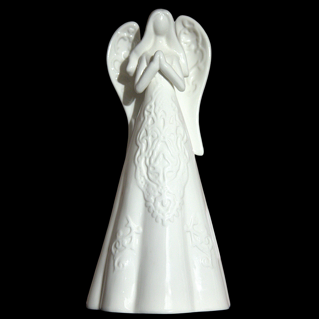 A white ceramic angel figurine with outstretched wings and a long, textured robe, set against a solid black background.