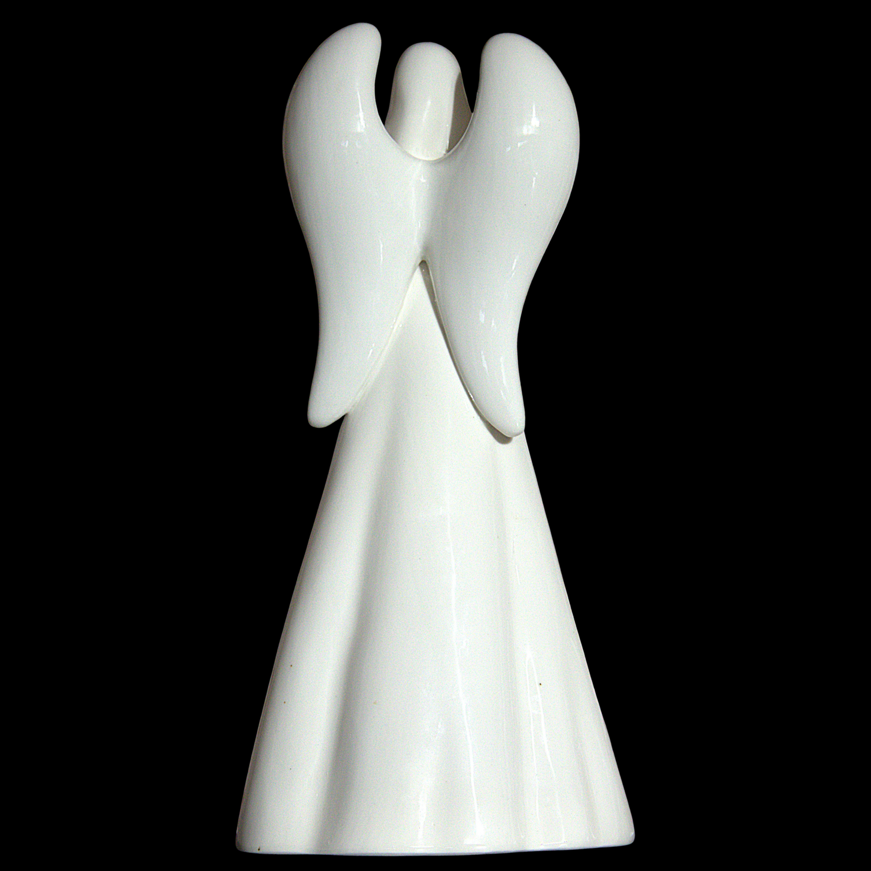 A glossy white ceramic angel figurine with outstretched wings and a long draped gown, photographed against a solid black background.