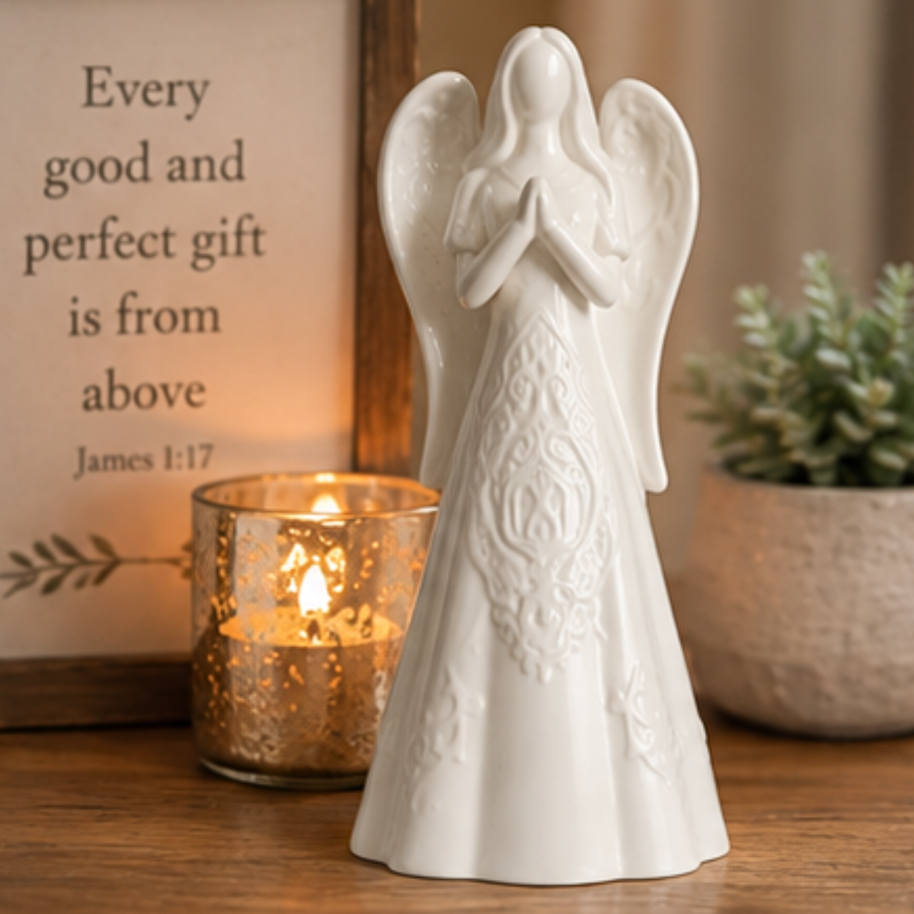 A white ceramic angel figurine with folded hands and outstretched wings stands on a wooden surface. A lit gold-toned candle in a glass holder, a framed scripture print, and a small potted plant are arranged around it in a warm, styled setting.