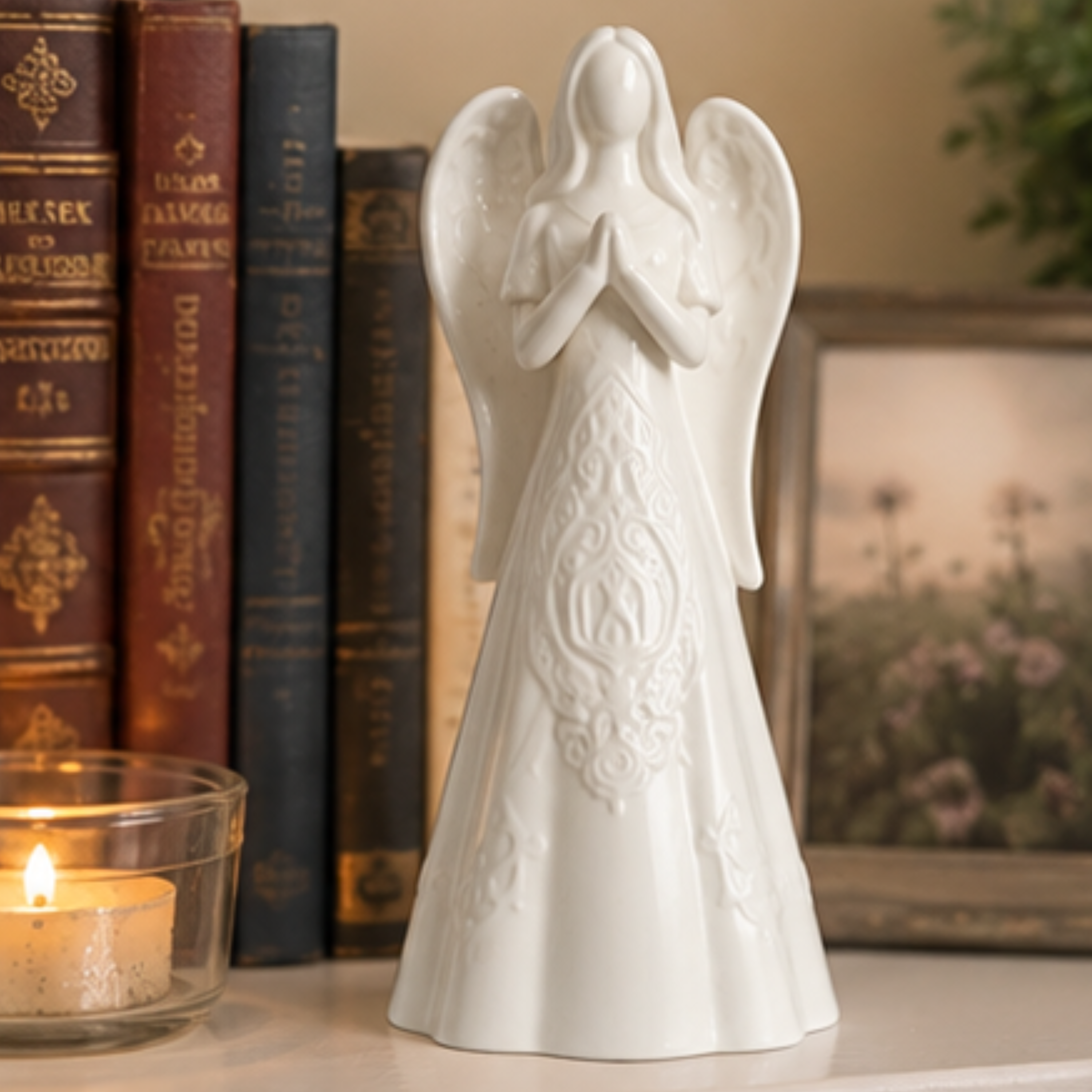 A white ceramic angel figurine with clasped hands and outstretched wings stands on a tabletop in a styled interior setting, with books, a framed picture, and a lit candle visible in the background.