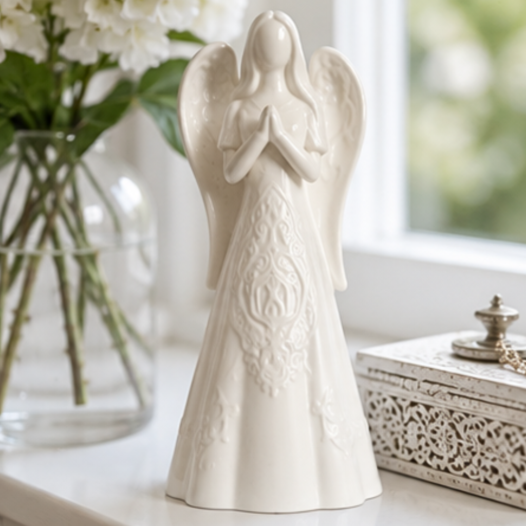 A white ceramic praying angel figurine standing on a windowsill, flanked by a glass vase of white flowers and a decorative box.