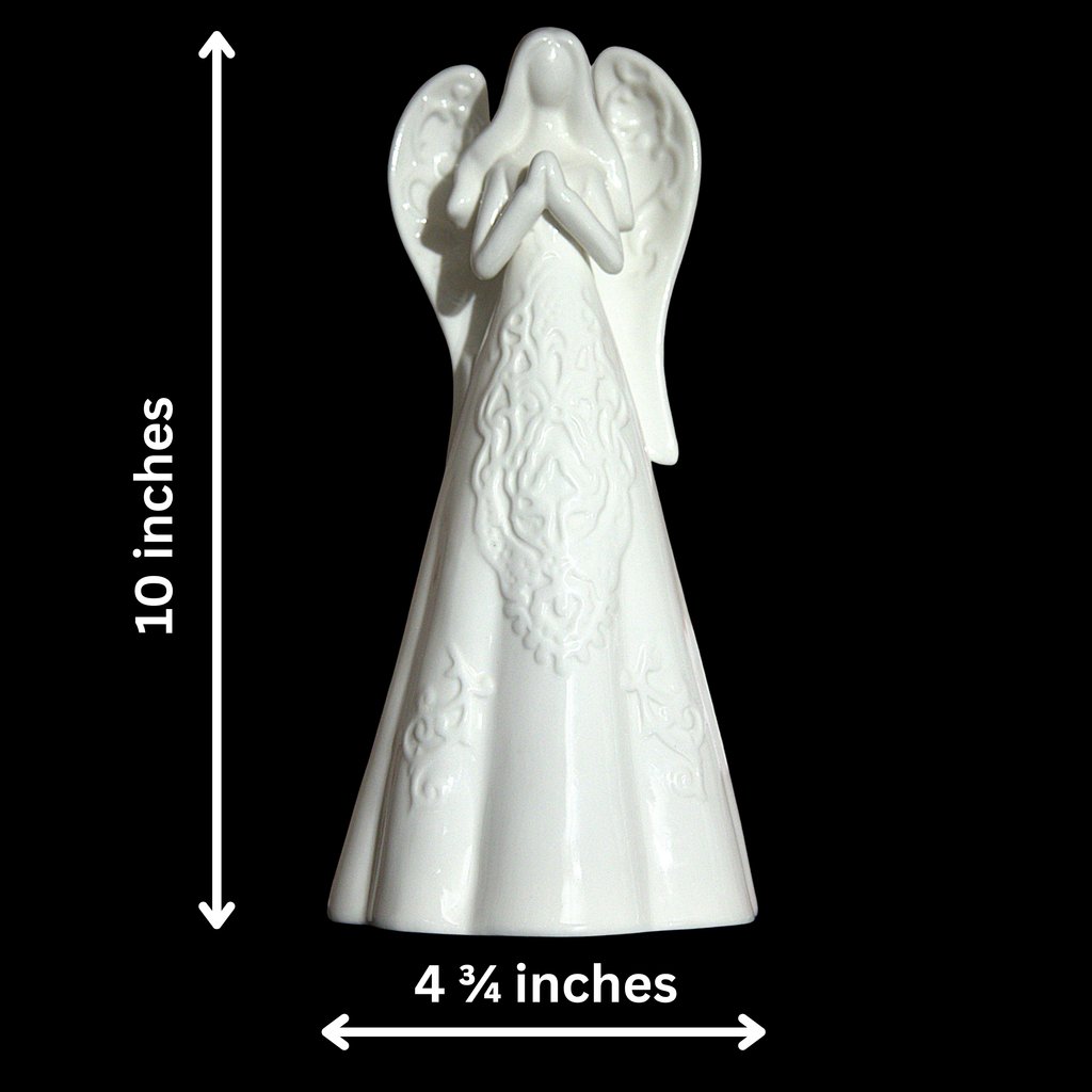 White angel figurine with a folded hands pose and textured robe, shown on a black background with dimension arrows indicating 10 inches in height and 4 3/4 inches in width.