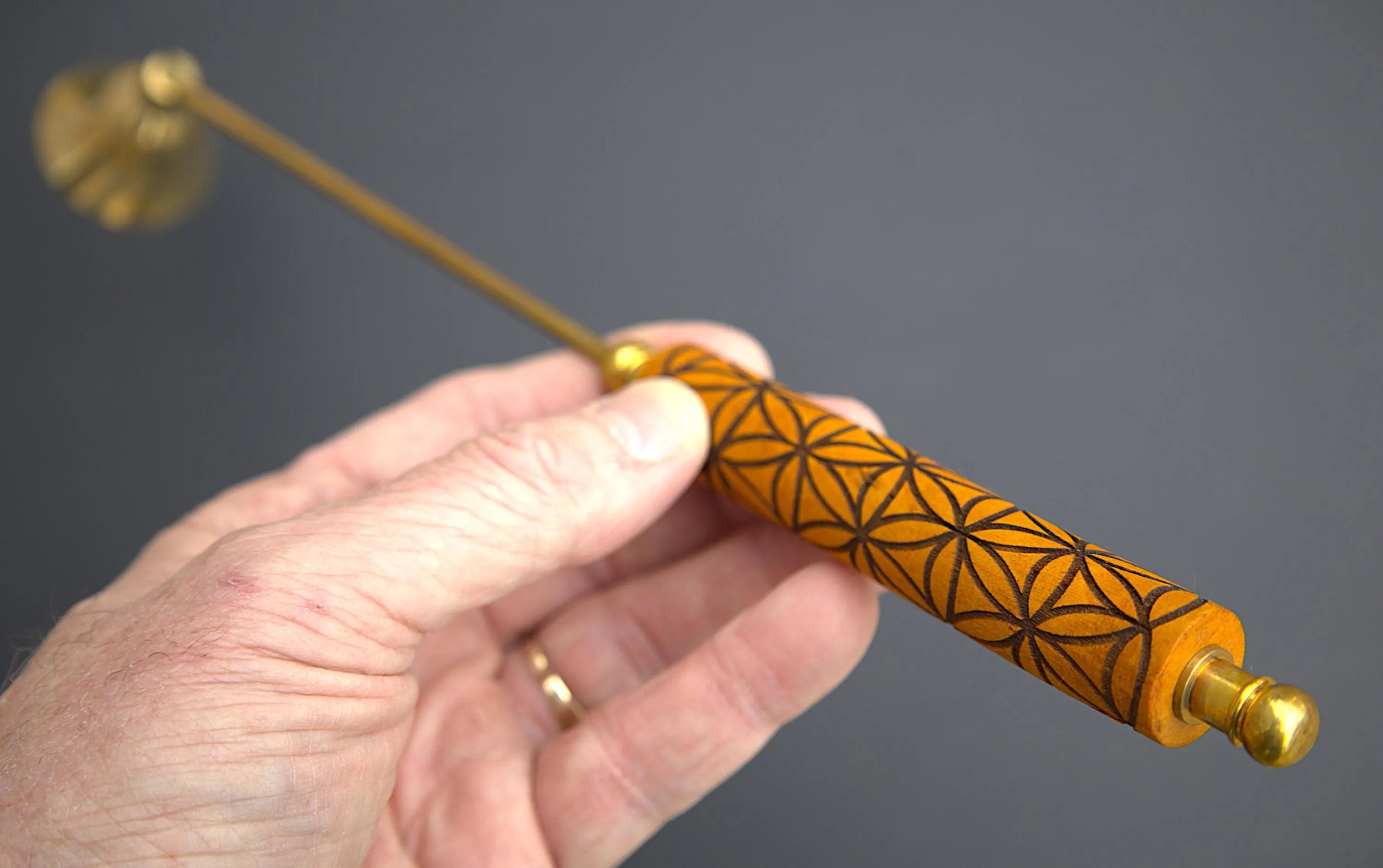 Engraved Wooden Handle Candle Snuffer – Artisan Flower of Life Brass Extinguisher, Meditation Altar Tool