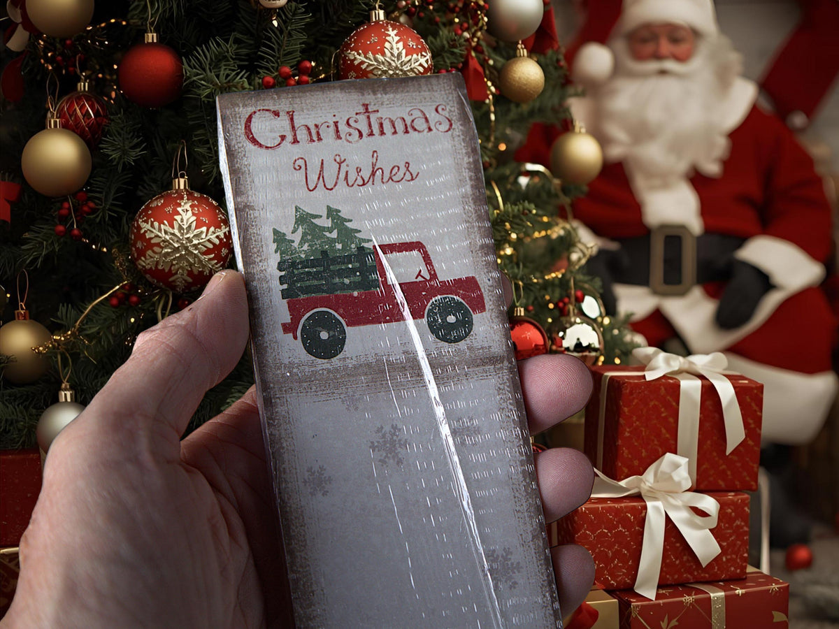 A hand holds a rectangular Christmas sign featuring a red truck carrying a Christmas tree with the words 'Christmas Wishes' in red script. The background shows a decorated Christmas tree, a Santa Claus figure, and wrapped gift boxes.