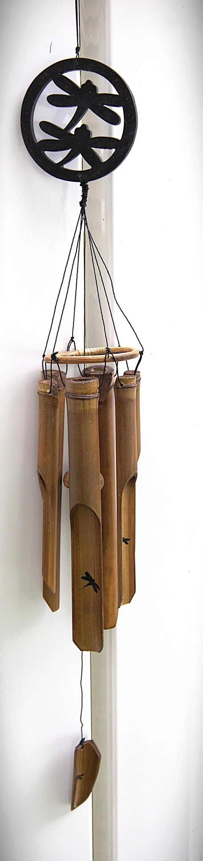 Handcrafted bamboo dragonfly wind chime with a rustic nature-inspired design, creating soothing bamboo tones for outdoor gardens, patios, porches, balconies, meditation spaces, and cottage-style landscaping. Perfect as a unique dragonfly gift, memorial garden decoration, or peaceful backyard accent.