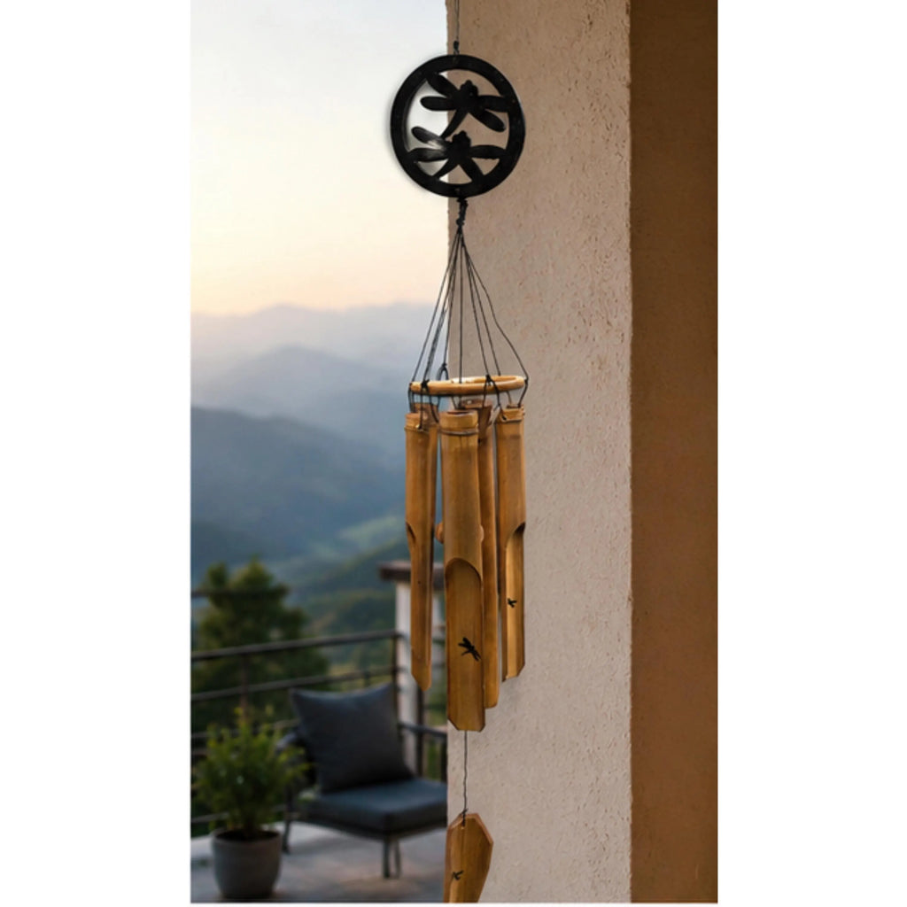 Handcrafted Bamboo Dragonfly Wind Chime | Rustic Outdoor Garden Wind Chime, Dragonfly Patio Décor, Zen Garden Hanging Ornament