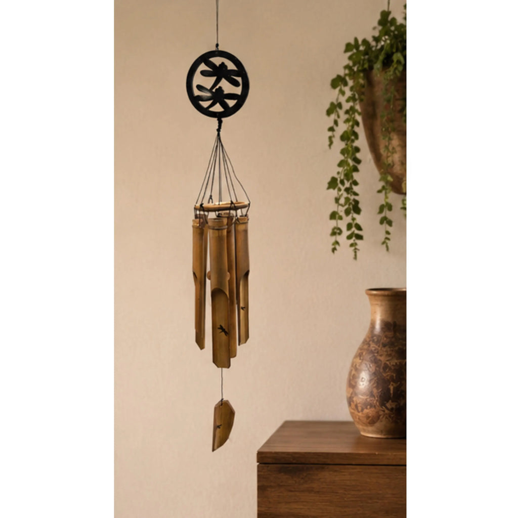 Handcrafted bamboo dragonfly wind chime with a rustic nature-inspired design, creating soothing bamboo tones for outdoor gardens, patios, porches, balconies, meditation spaces, and cottage-style landscaping. Perfect as a unique dragonfly gift, memorial garden decoration, or peaceful backyard accent.