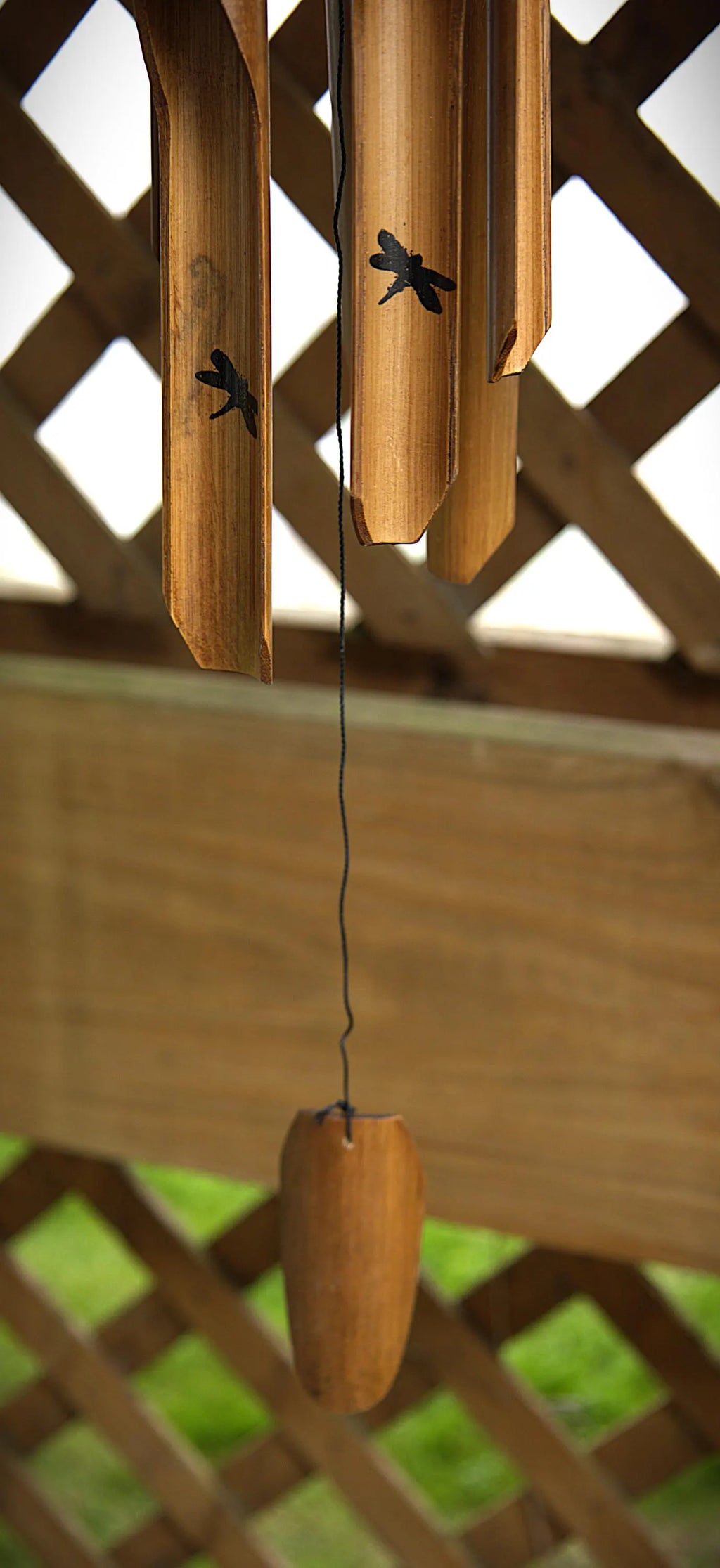 Handcrafted bamboo dragonfly wind chime with a rustic nature-inspired design, creating soothing bamboo tones for outdoor gardens, patios, porches, balconies, meditation spaces, and cottage-style landscaping. Perfect as a unique dragonfly gift, memorial garden decoration, or peaceful backyard accent.