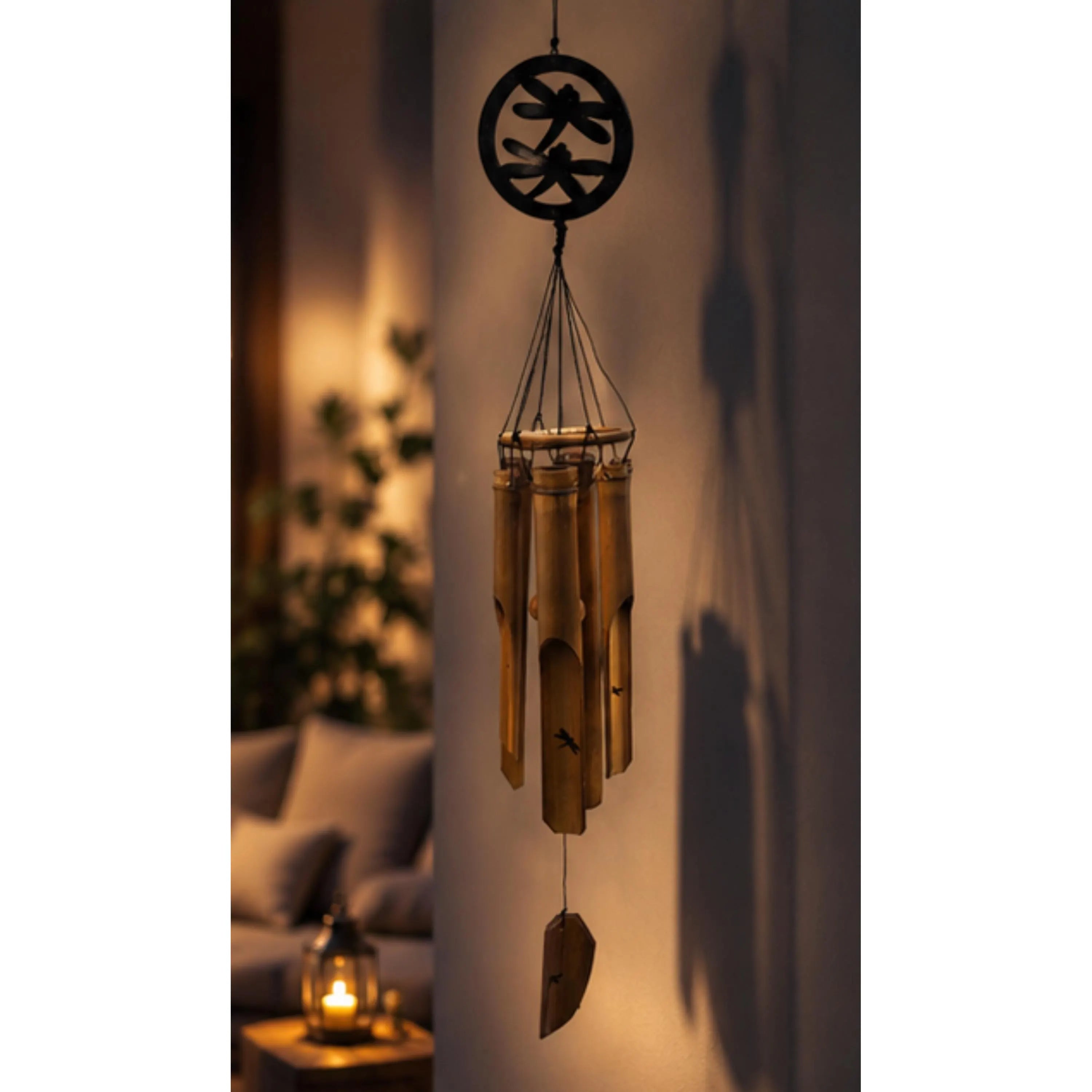 A hanging bamboo wind chime with engraved bird silhouettes, shown hanging in a warmly lit room with a blurred sofa and lantern in the background.