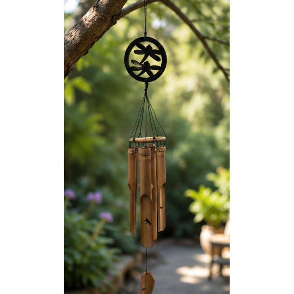 Handcrafted bamboo dragonfly wind chime with a rustic nature-inspired design, creating soothing bamboo tones for outdoor gardens, patios, porches, balconies, meditation spaces, and cottage-style landscaping. Perfect as a unique dragonfly gift, memorial garden decoration, or peaceful backyard accent.