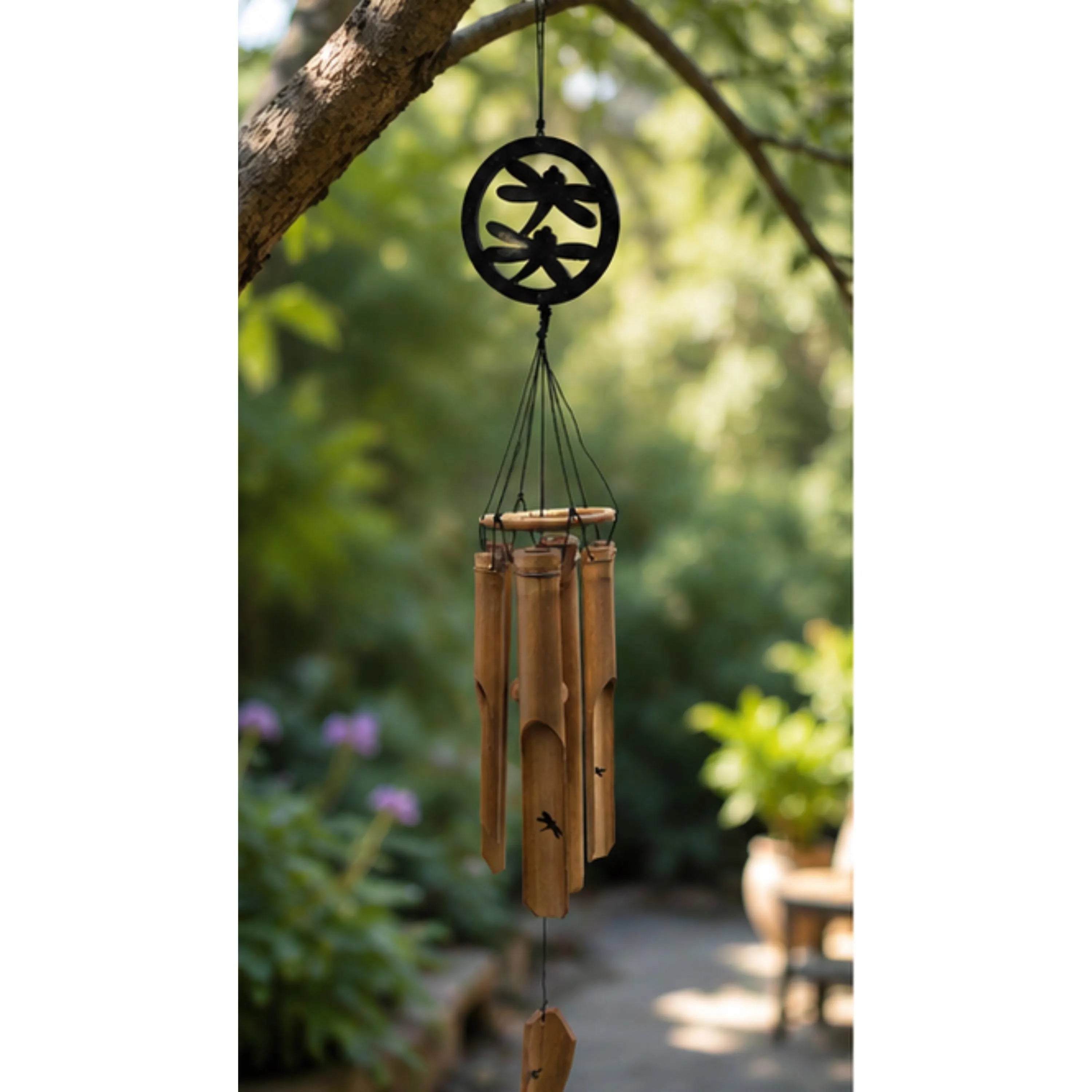 Handcrafted bamboo dragonfly wind chime with a rustic nature-inspired design, creating soothing bamboo tones for outdoor gardens, patios, porches, balconies, meditation spaces, and cottage-style landscaping. Perfect as a unique dragonfly gift, memorial garden decoration, or peaceful backyard accent.