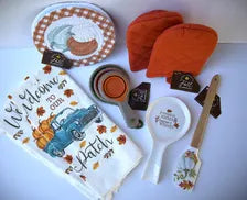 Thanksgiving Pumpkin Kitchen Gift Set – Oven Mitts, Hot Pads, Tea Towels, Spatula (Gift Box)
