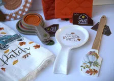 Thanksgiving Pumpkin Kitchen Gift Set – Oven Mitts, Hot Pads, Tea Towels, Spatula (Gift Box)