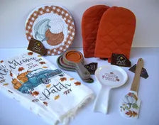 Thanksgiving Pumpkin Kitchen Gift Set – Oven Mitts, Hot Pads, Tea Towels, Spatula (Gift Box)