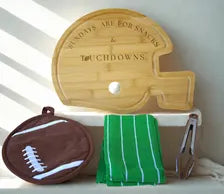 Football Game Day Gift Basket, Helmet Cutting Board, Potholder, Towel, Tongs Set