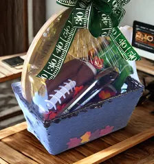 Football Game Day Gift Basket, Helmet Cutting Board, Potholder, Towel, Tongs Set