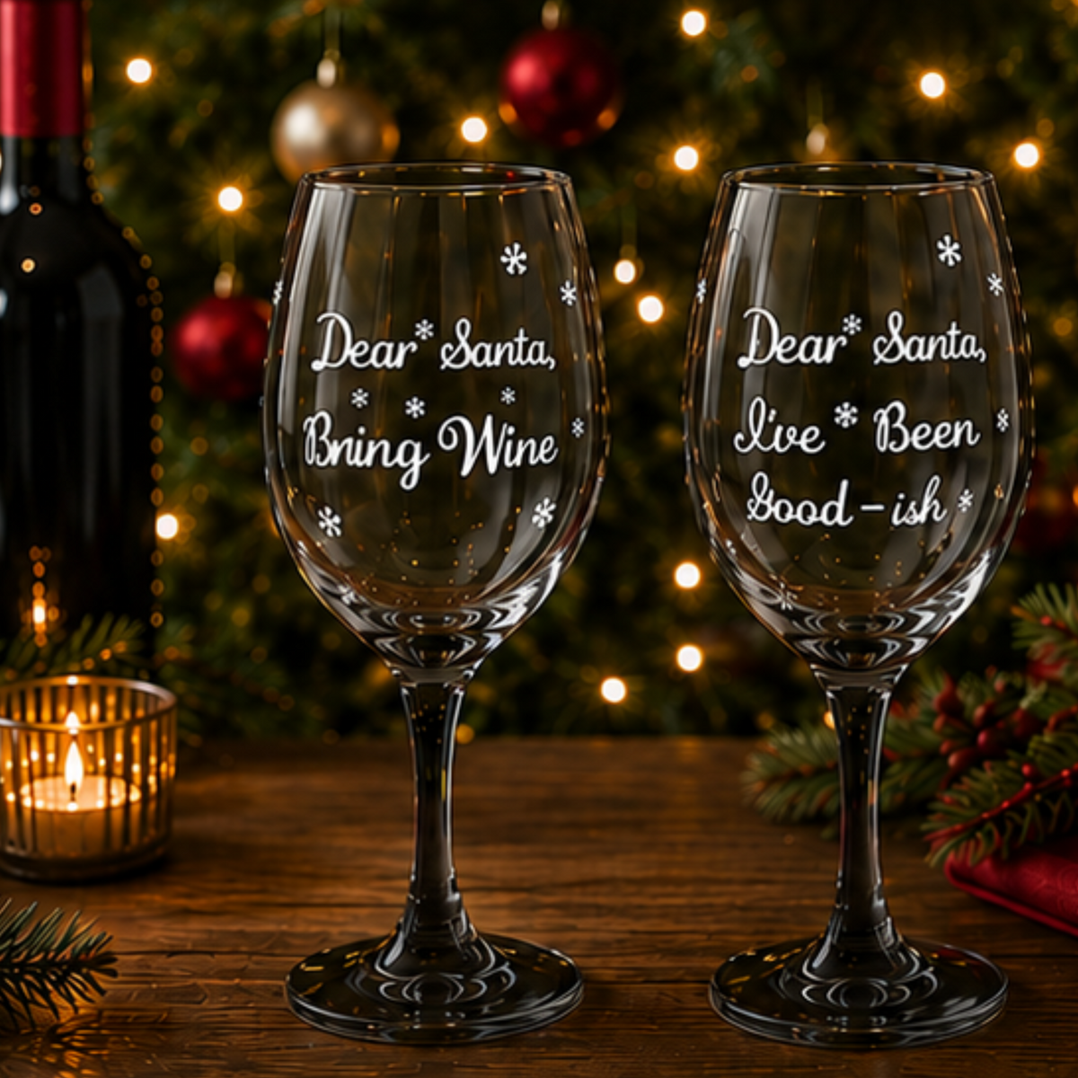 Two clear wine glasses with black stems and white engraved text reading 'Dear Santa, Bring Wine' and 'Dear Santa, Live Been Good - ish' with snowflake details, displayed on a wooden table with a Christmas tree and holiday decorations in the background.