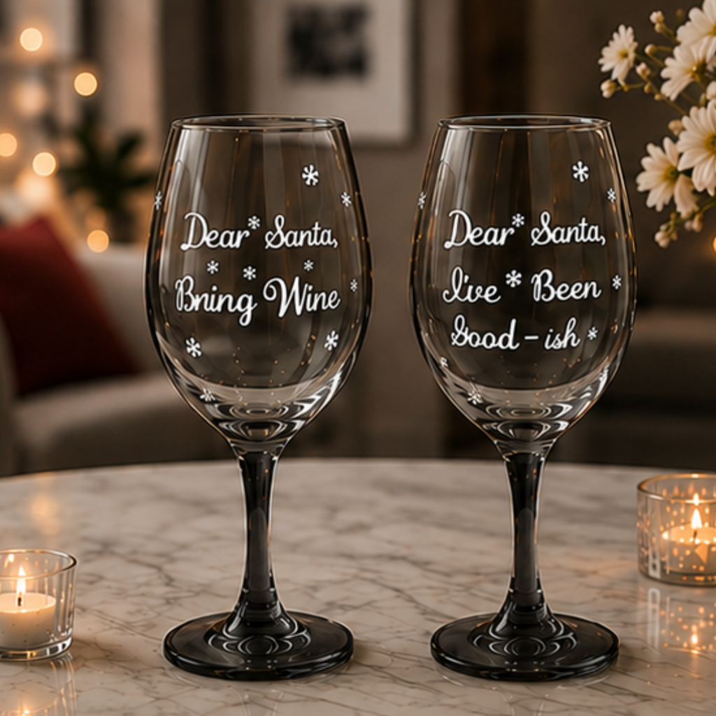Two clear wine glasses with black stems and white holiday text reading 'Dear Santa, Bring Wine' and 'Dear Santa, Live Been Good-ish' with small snowflake motifs, displayed on a marble table with candles and flowers in a warmly lit living room.