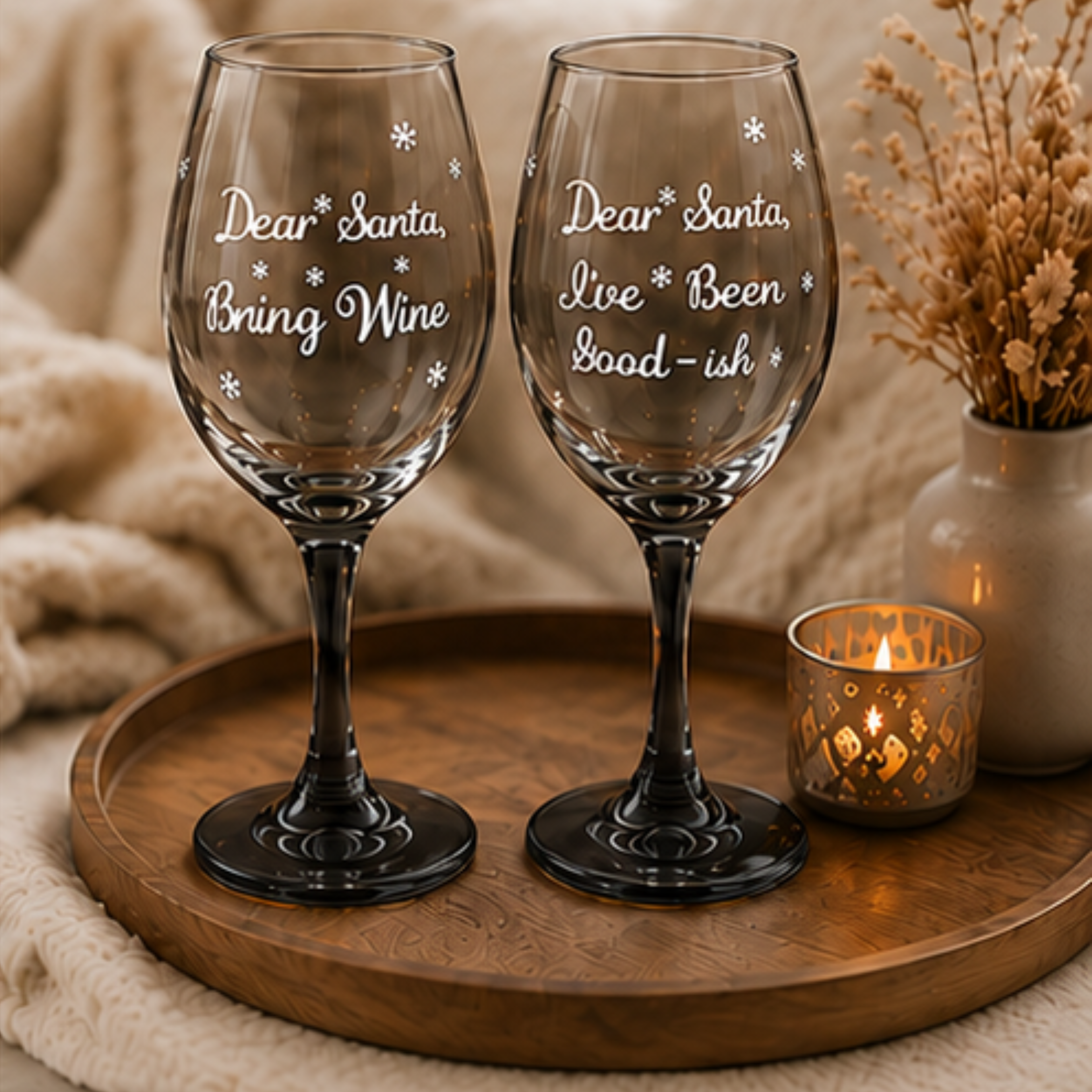Two clear wine glasses with black stems and bases, printed with the phrase 'Dear Santa, Bring Wine' and 'Dear Santa, Live Been Good-ish' with small white snowflake accents, displayed on a round wooden tray with a lit candle and dried flowers in the background.
