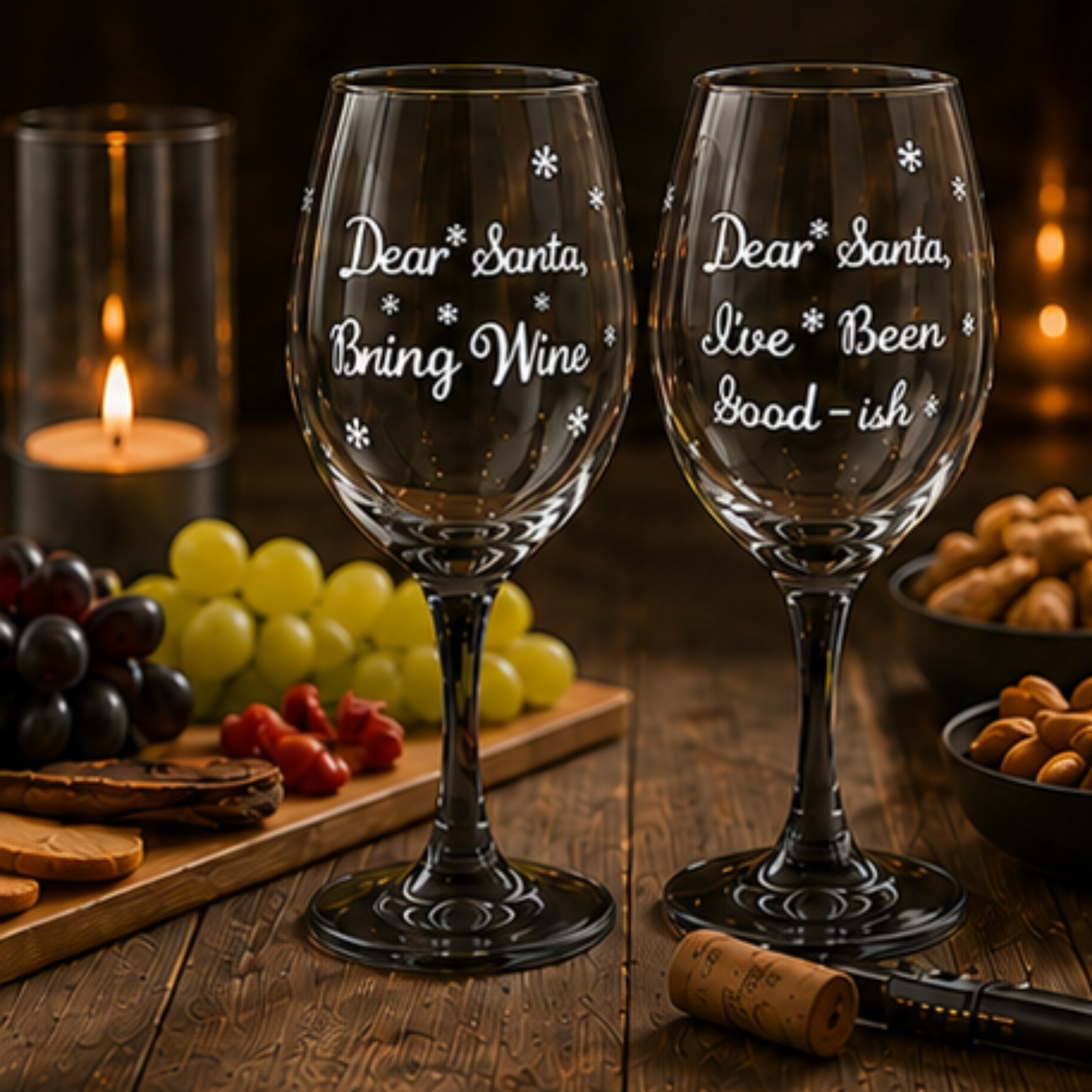 Two clear wine glasses with black stems and white holiday text reading 'Dear Santa, Bring Wine' and 'Dear Santa, I've Been Good-ish', displayed on a rustic wooden table with grapes, nuts, candles, and a wine cork in a cozy setting.