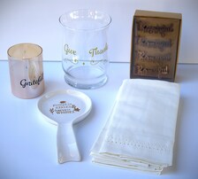 Thanksgiving Gift Basket, Glass Vase, Grateful Candle, Spoon Rest, Napkin Holders (Fall Decor)