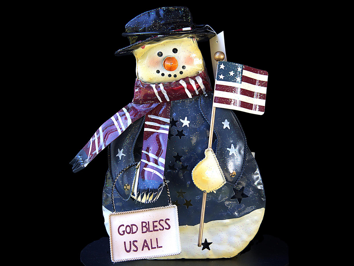 Vintage hand-painted patriotic snowman tea light lantern featuring red, white, and blue Americana Christmas décor with festive winter holiday charm.