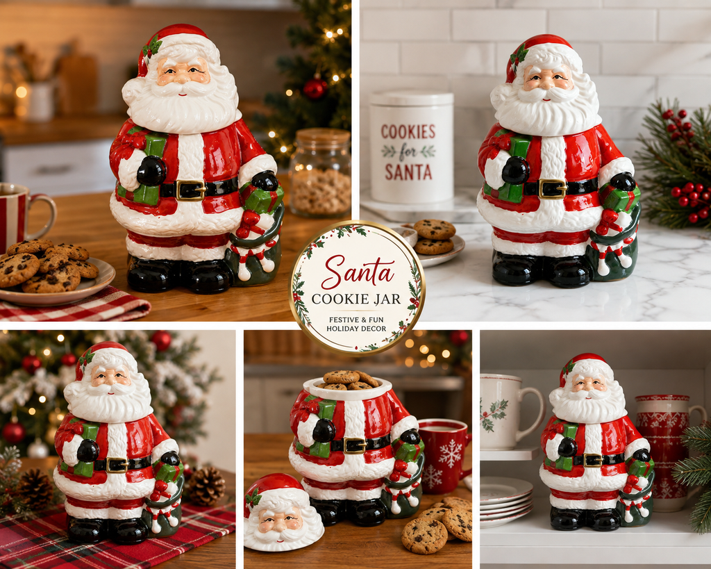A collage showing a Santa Claus cookie jar in multiple holiday kitchen and dining settings. The product is a ceramic Santa figure with a round cookie jar body, holding a small green wreath.