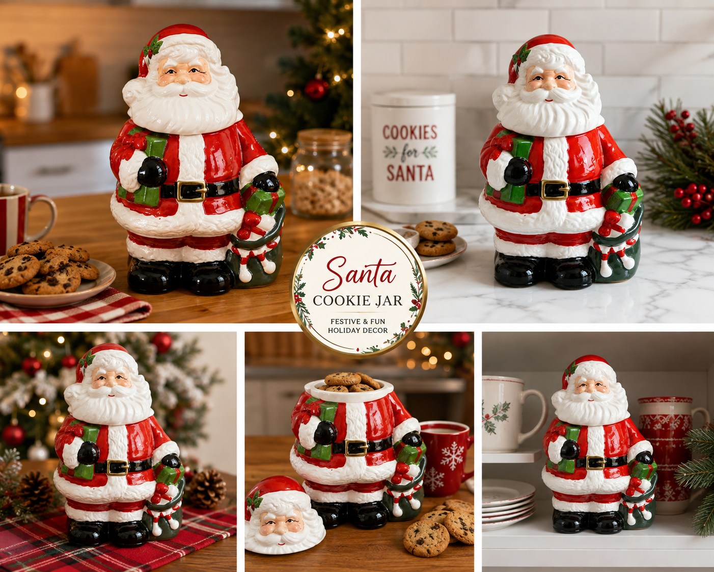 A collage showing a Santa Claus cookie jar in multiple holiday kitchen and dining settings. The product is a ceramic Santa figure with a round cookie jar body, holding a small green wreath.