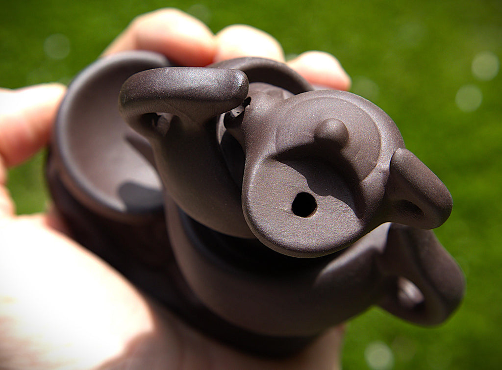 A close-up of a hand holding a dark brown ceramic teapot outdoors against a blurred green grass background.