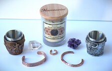 Viking Gift Set – Norse Shot Glass Set, Copper Celtic Knot Cuff Bracelet, Rune Twist Bracelet, Amethyst Geode & Clear Quartz Crystal