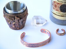 Viking Gift Set – Norse Shot Glass Set, Copper Celtic Knot Cuff Bracelet, Rune Twist Bracelet, Amethyst Geode & Clear Quartz Crystal