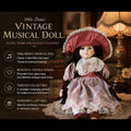 A vintage-style collectible doll posed on a lace doily in a warmly lit room, wearing a pink and white dress and wide-brimmed hat. Text on the left describes the doll as '1980s Brinn's Vintage Musical Doll' with features and song information.