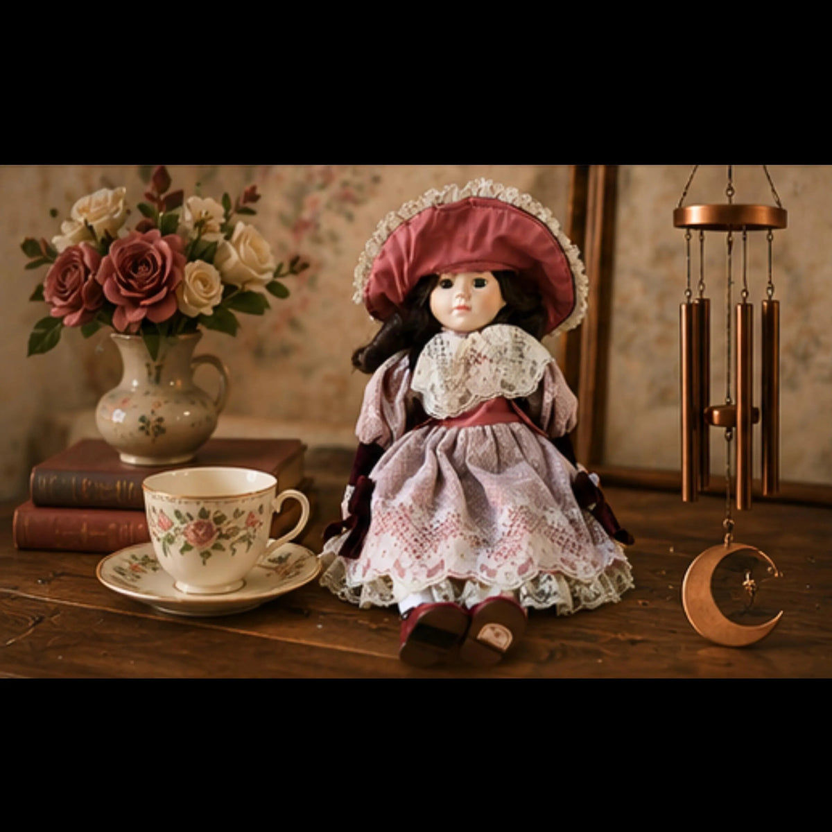 A vintage-style porcelain doll with dark hair sits on a wooden table wearing a pink bonnet and a white lace dress. The scene is styled with a floral teacup and saucer, stacked books, a vase of roses, and a hanging wind chime against a patterned wallpaper background.