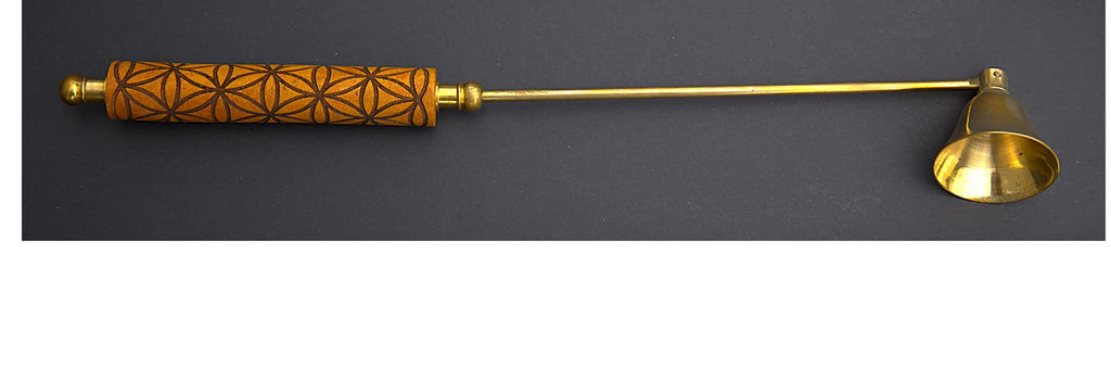 Engraved Wooden Handle Candle Snuffer – Artisan Flower of Life Brass Extinguisher, Meditation Altar Tool