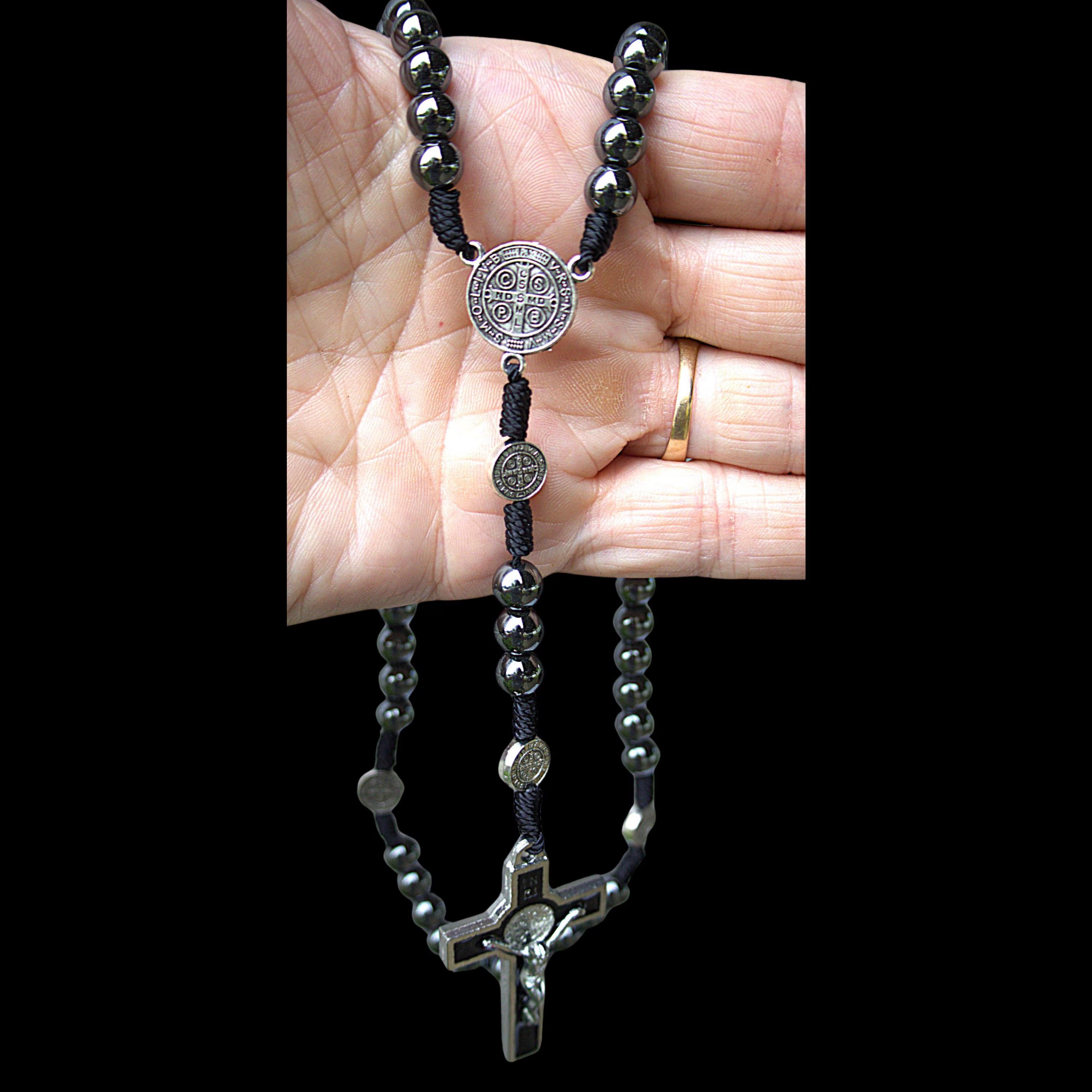 Handcrafted Vintage Hematite Rosary Necklace | Durable Paracord, Catholic Prayer Beads