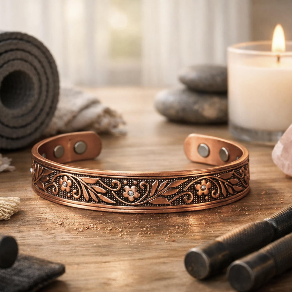 Handcrafted Magnetic Copper Cuff Bracelet, Whispering Vines, Cubic Zirconia Accents